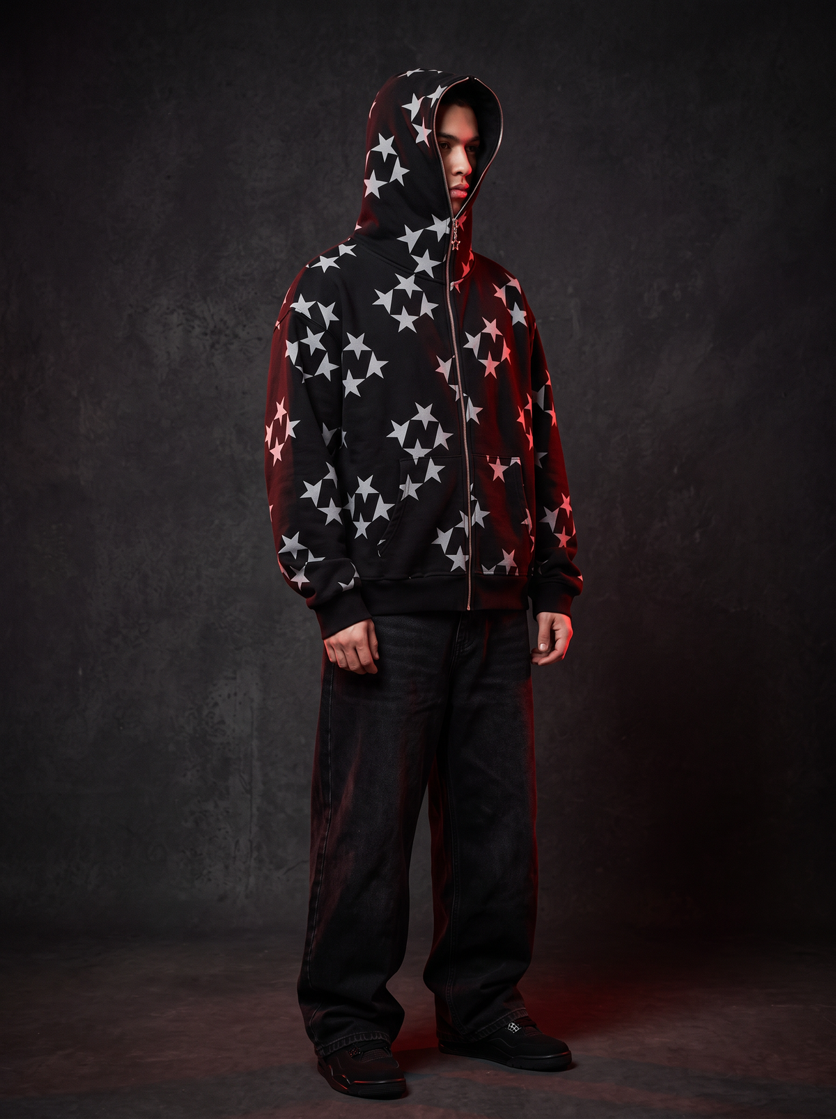 Star Zip-Up Hoodie in black, hood up